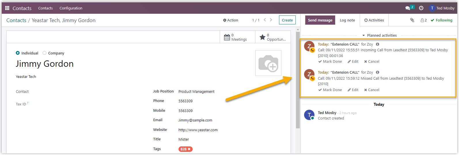 Cloud Voice, call activity logged on an Odoo CRM contact record