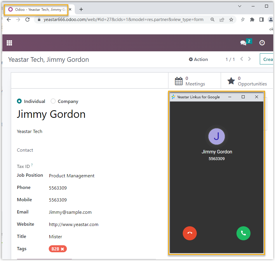 Cloud Voice, a contact record opening automatically when a call arrives