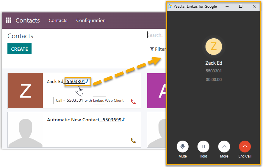 Cloud Voice, placing a call by clicking a phone number on an Odoo CRM page