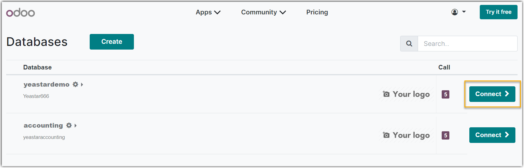 Cloud Voice, the Connect button beside a database in the Odoo Database Manager