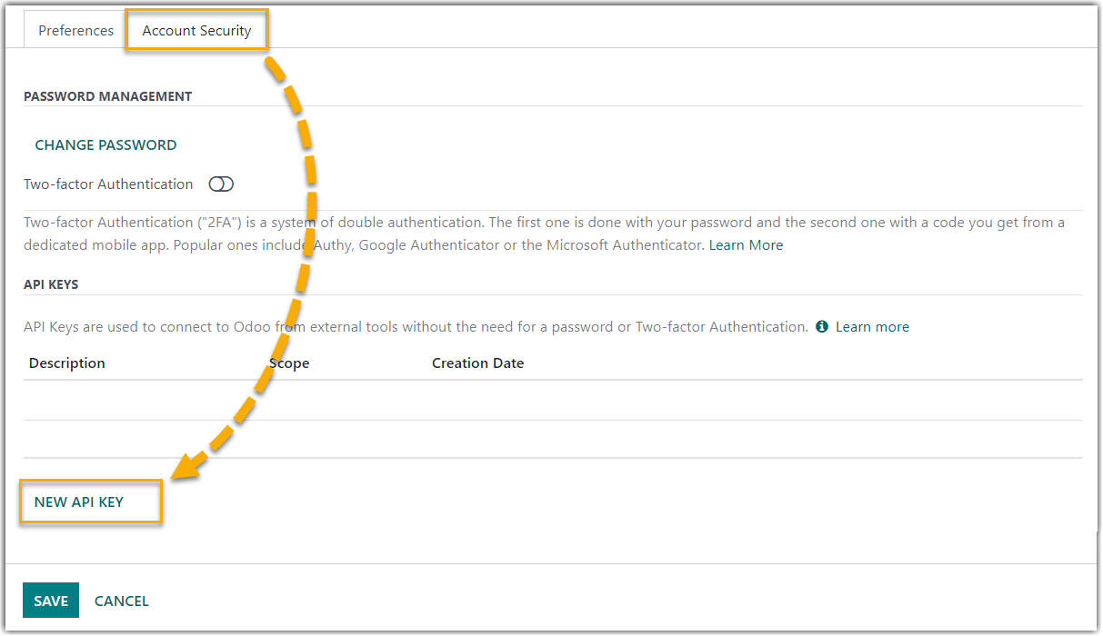 The Account Security tab with the New API Key button in Odoo preferences