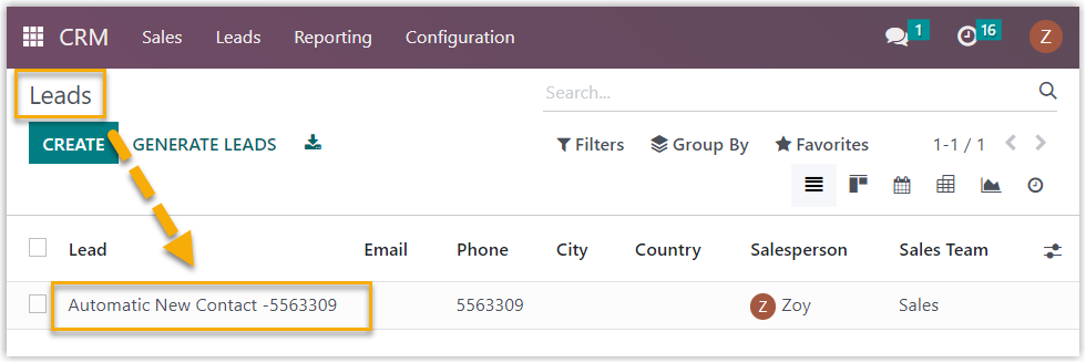 New Odoo lead added automatically with the Automatic New Contact name prefix