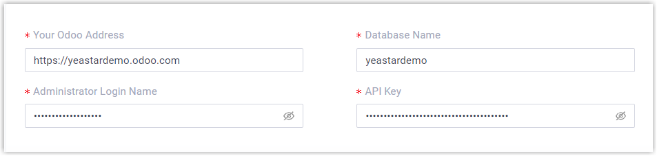 The Odoo connection form with address, database, login, and API key fields