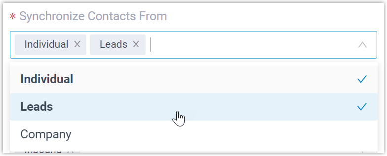 Synchronize Contacts From drop-down listing the Individual, Leads, and Company record types