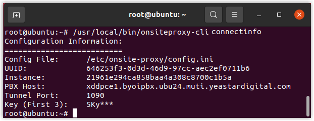 Cloud Voice, command-line output showing the Onsite Proxy connection details