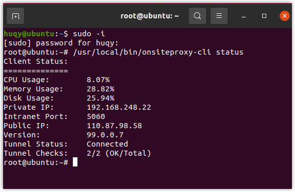 Command-line output listing the Onsite Proxy resource usage, address, version, and tunnel status