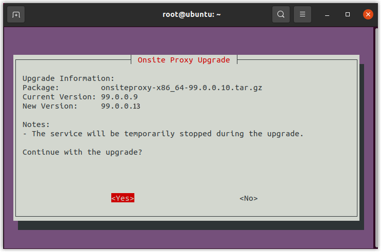 Upgrade window showing the target version with Yes and No options
