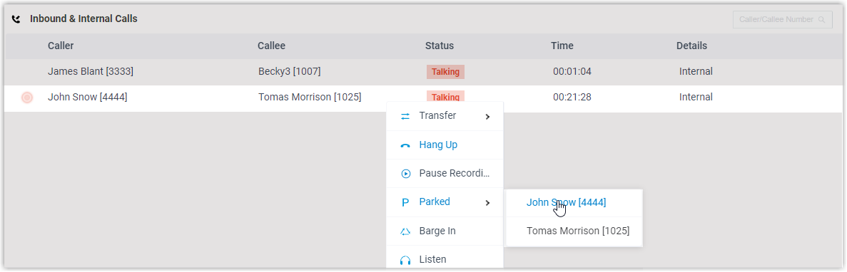 Operator Panel showing a call being parked on an automatically assigned parking number