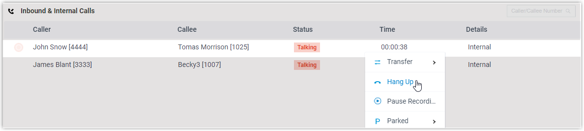 Right-click menu on an active call in the Operator Panel with the Hang Up option selected