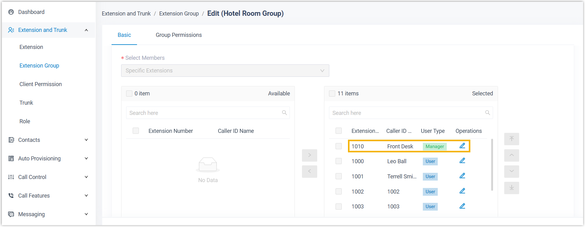 Operator Panel showing a promoted manager extension handling guest calls