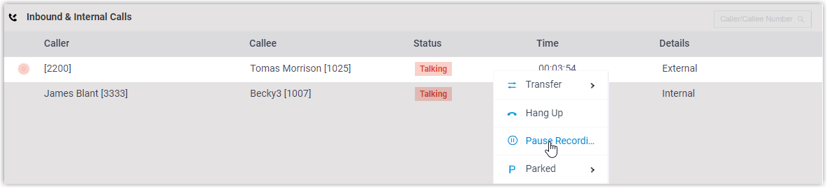 Right-click menu on an active call showing the Pause Recording option