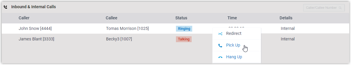 Right-click menu on a ringing call in the Operator Panel showing the Pick Up option