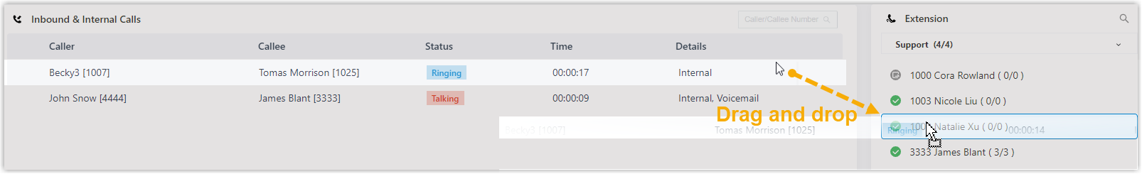 Dragging a ringing call onto a user in the Extension list