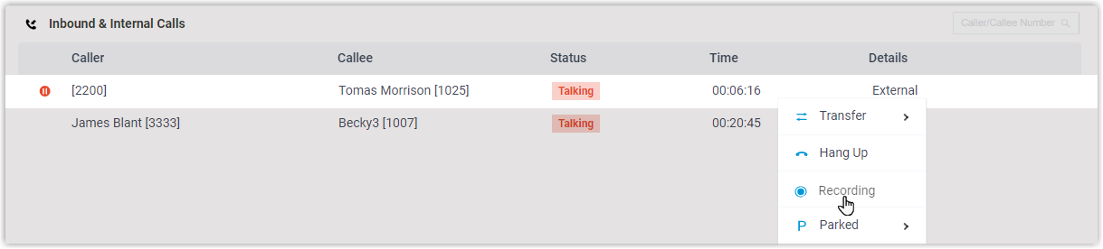 Right-click menu on an active call showing the Recording option