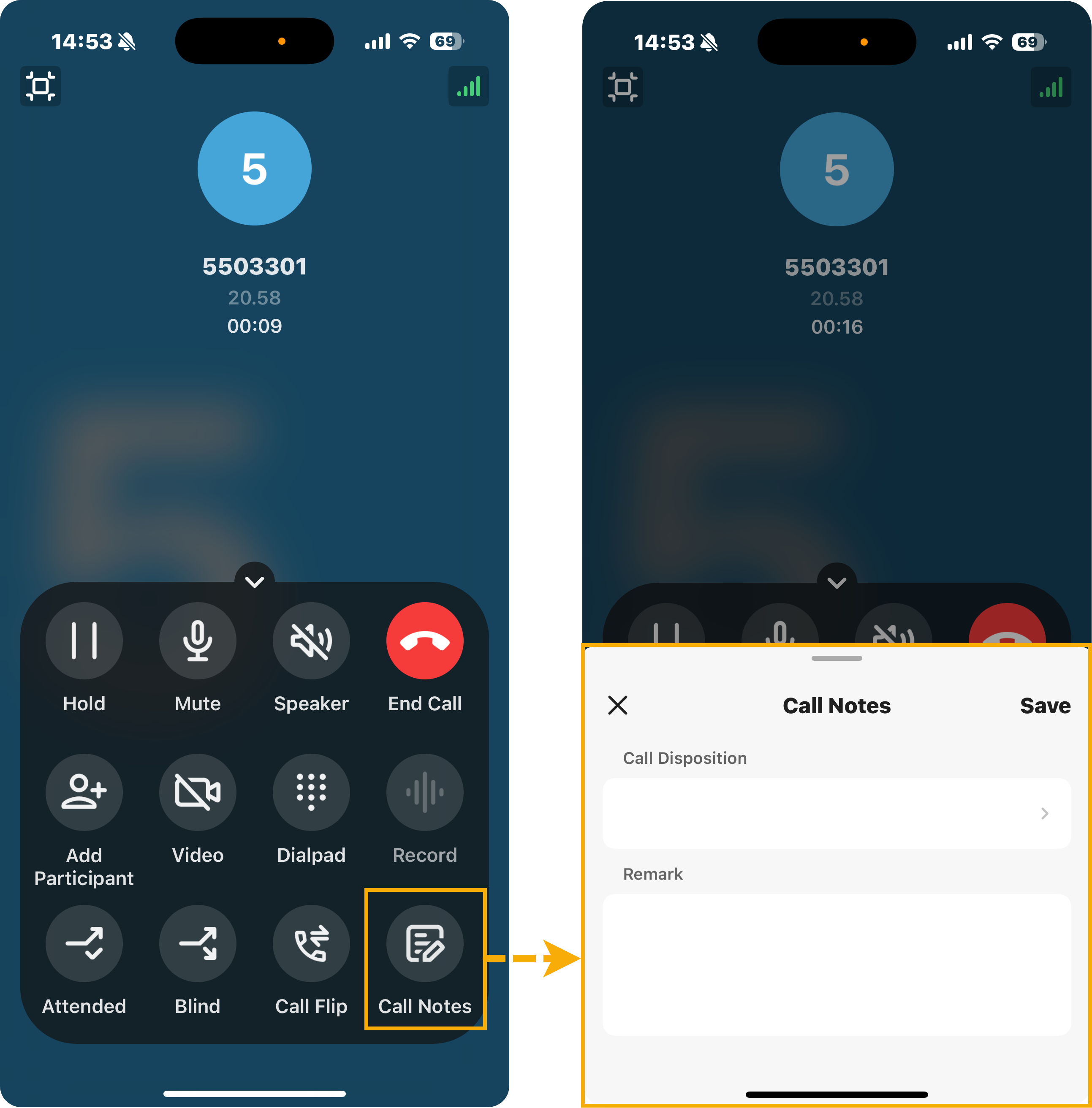 The in-call screen with the Call Notes control highlighted