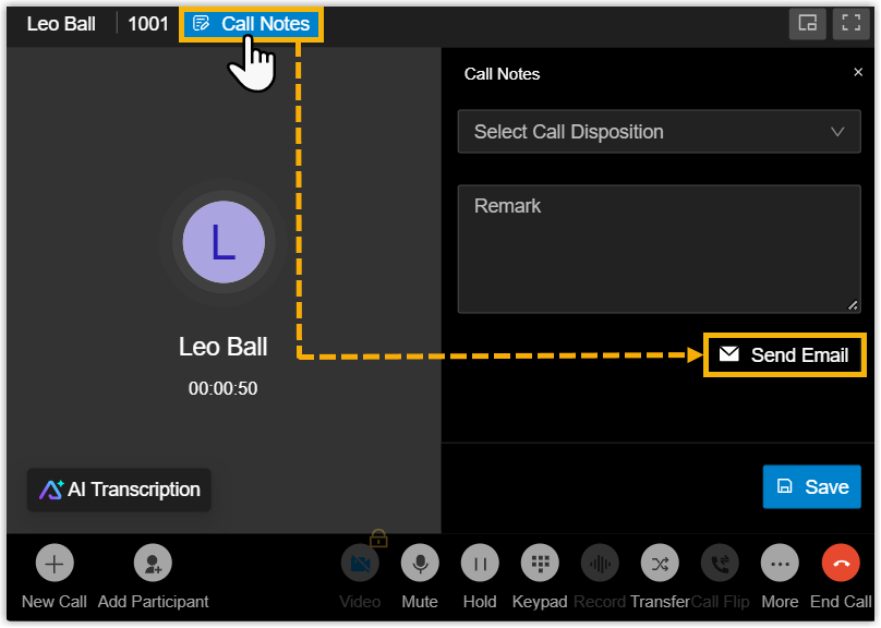Call notes panel showing the Send Email action for the current call