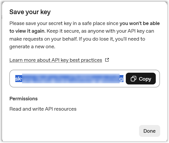 The generated OpenAI secret key ready to copy