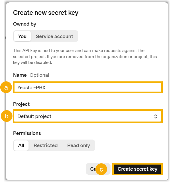 Cloud Voice, the OpenAI create secret key dialog