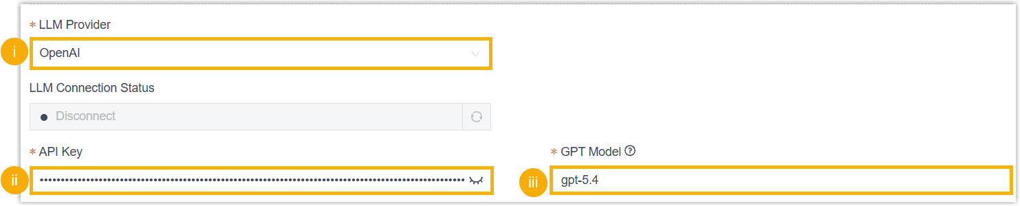 The OpenAI LLM fields filled in for call summaries