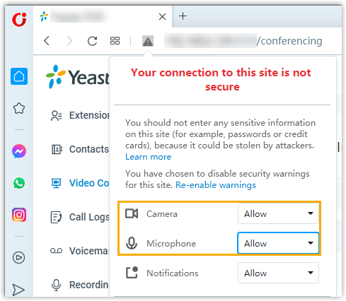 Opera permission menu with camera and microphone set to Allow