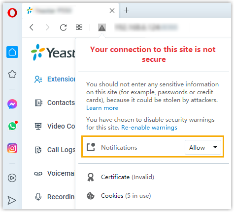 Changing the Opera notification permission from Block to Allow