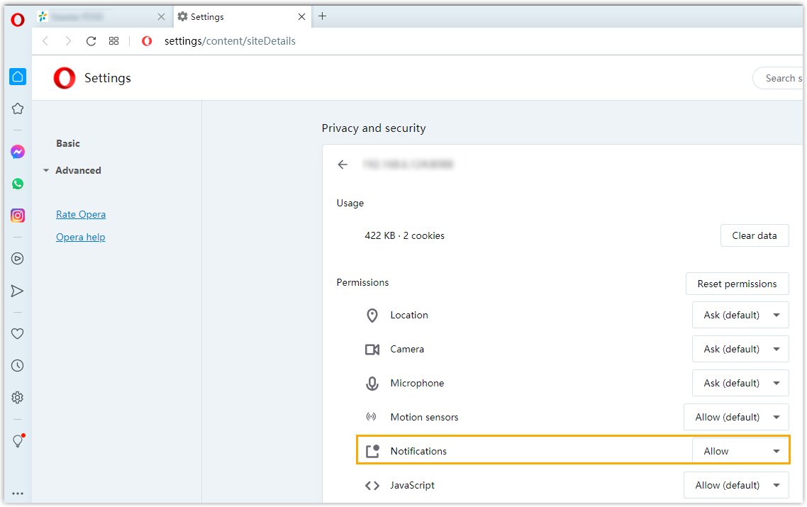 The Opera site settings page with the Notifications permission set to Allow
