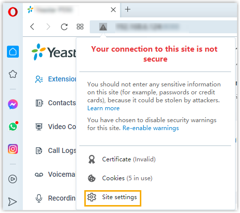 The Opera site information pop-up with the Site settings link