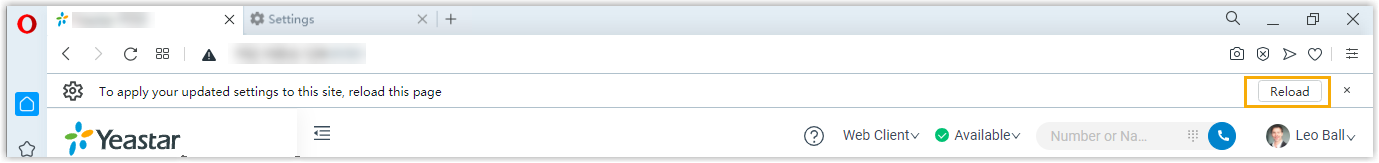 Cloud Voice, the Reload prompt at the top of the web client in Opera