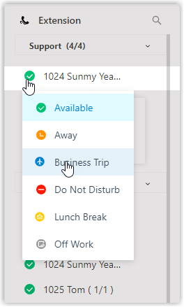 Presence status options displayed for an extension on the Operator Panel