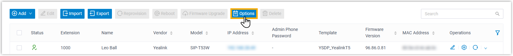 The Options button above the auto-provisioning phone list