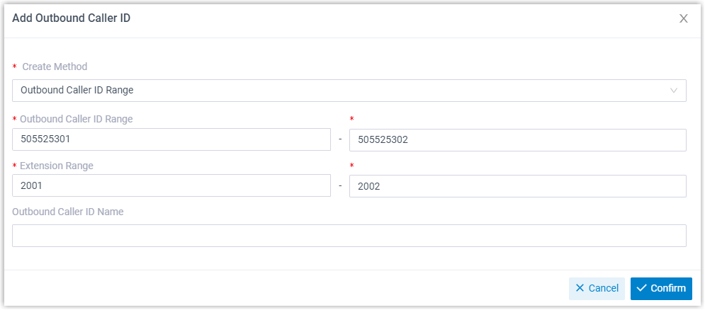Outbound caller ID range mapped to a matching extension range on the trunk