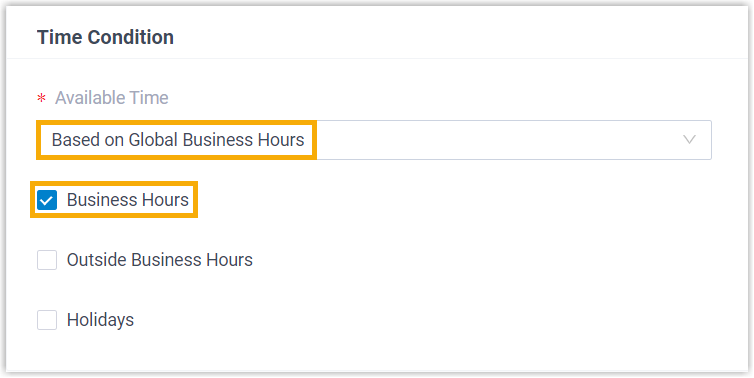 Selecting a time condition on an outbound route