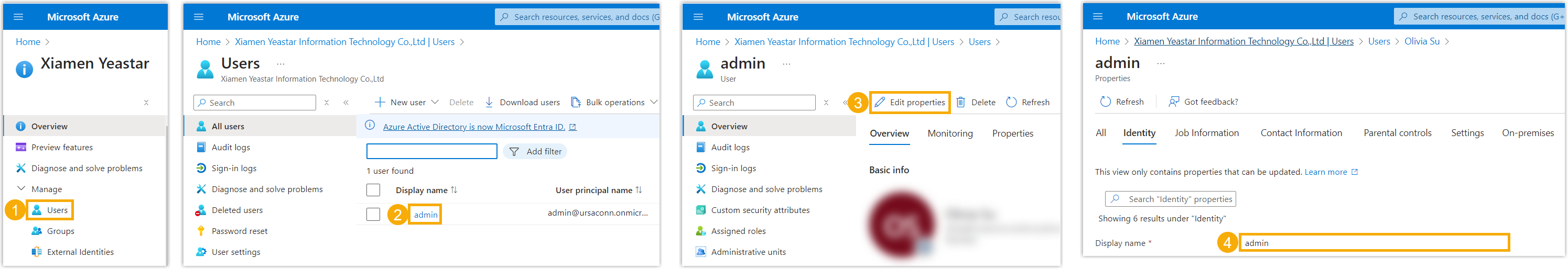 The Microsoft account profile page with the display name field highlighted