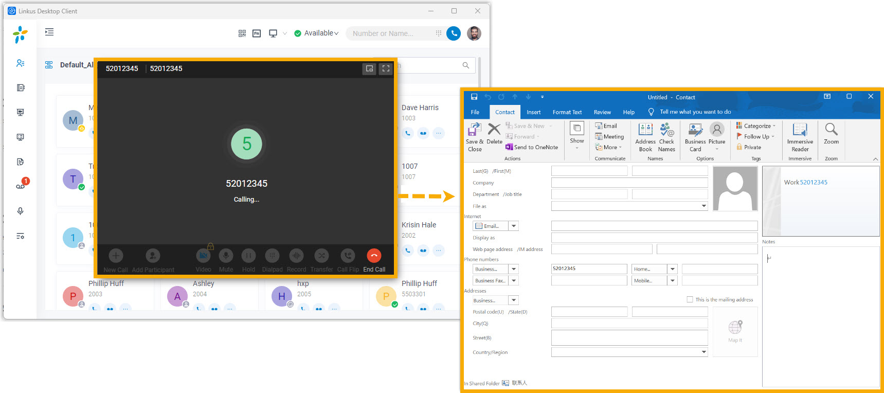 A new Outlook contact page pre-filled with an unknown caller's number