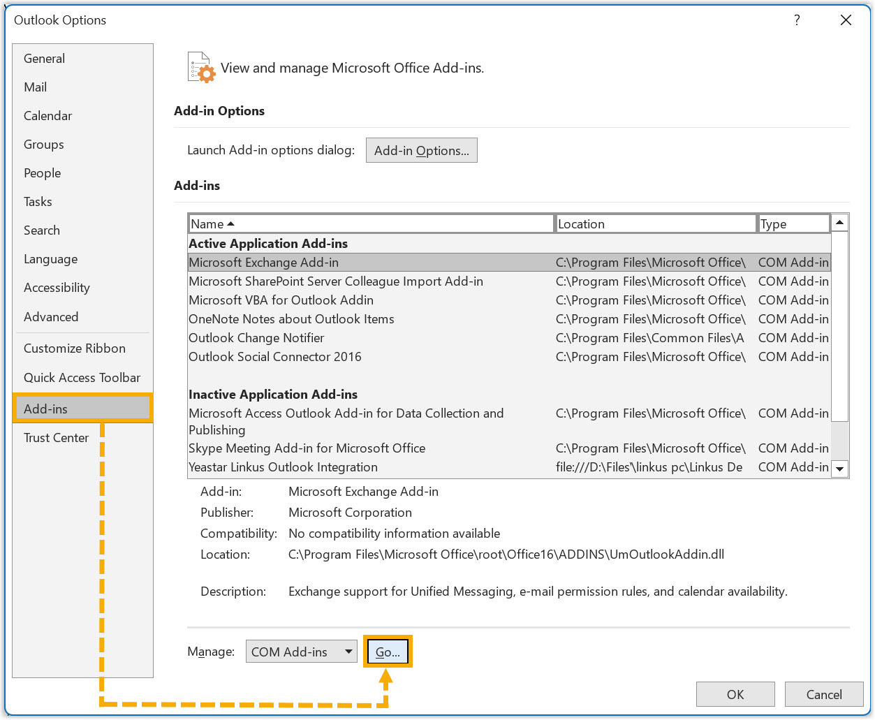 Cloud Voice, Add-ins page in Outlook Options with the Go button