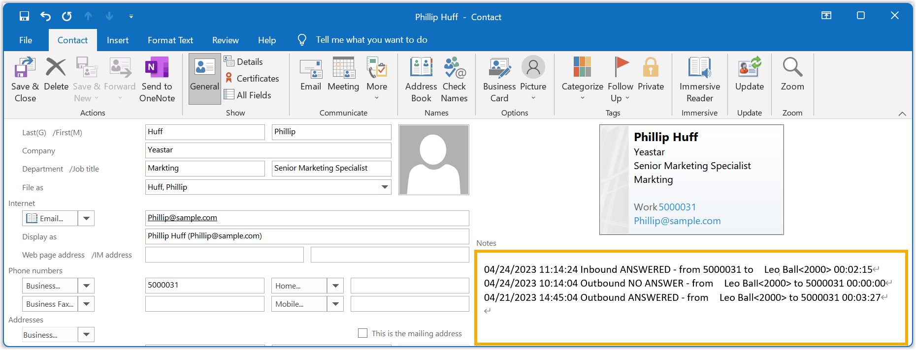 Call history recorded in the Notes area of an Outlook contact