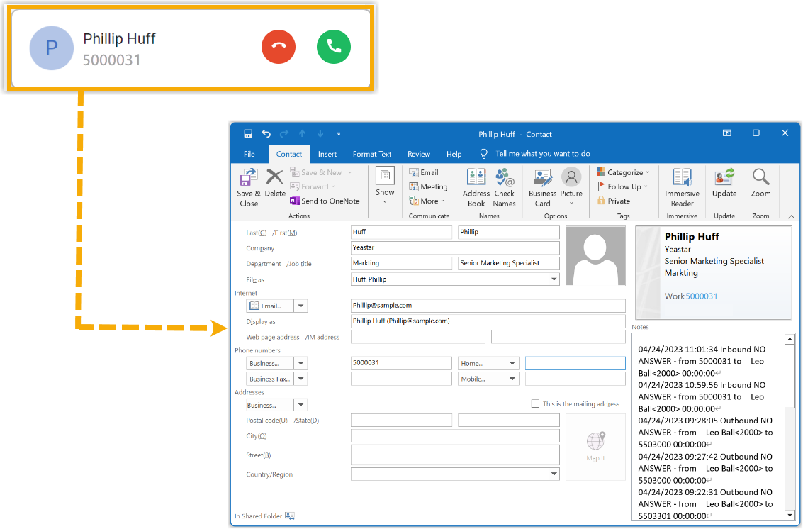 The Outlook contact card that appears for an incoming call