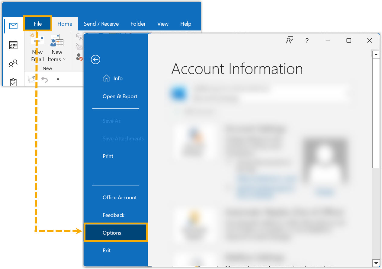 Outlook backstage view with the Options entry selected