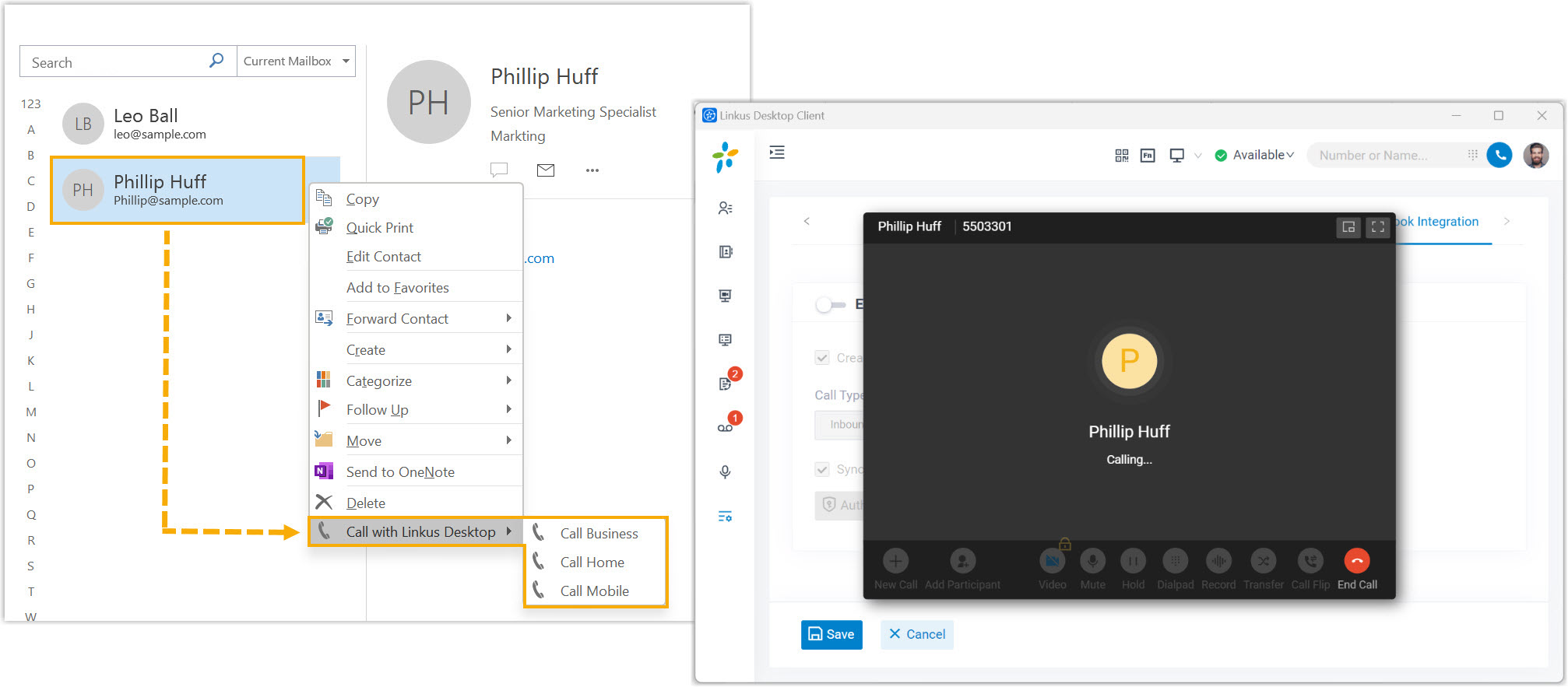 Cloud Voice, right-click menu on an Outlook contact showing the option to place a call