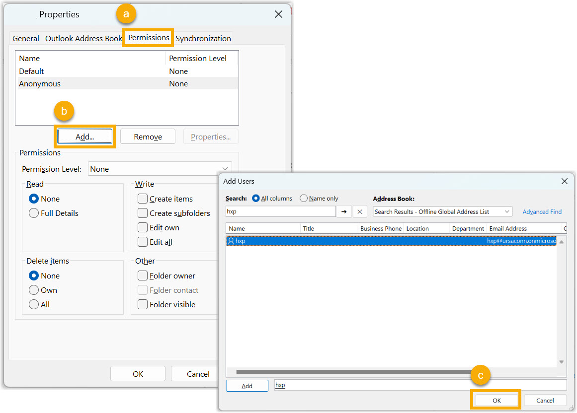 The Permissions tab with the authorization account being added