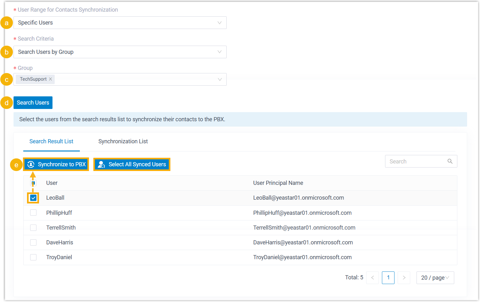 Cloud Voice, the Specific Users range with individual users selected