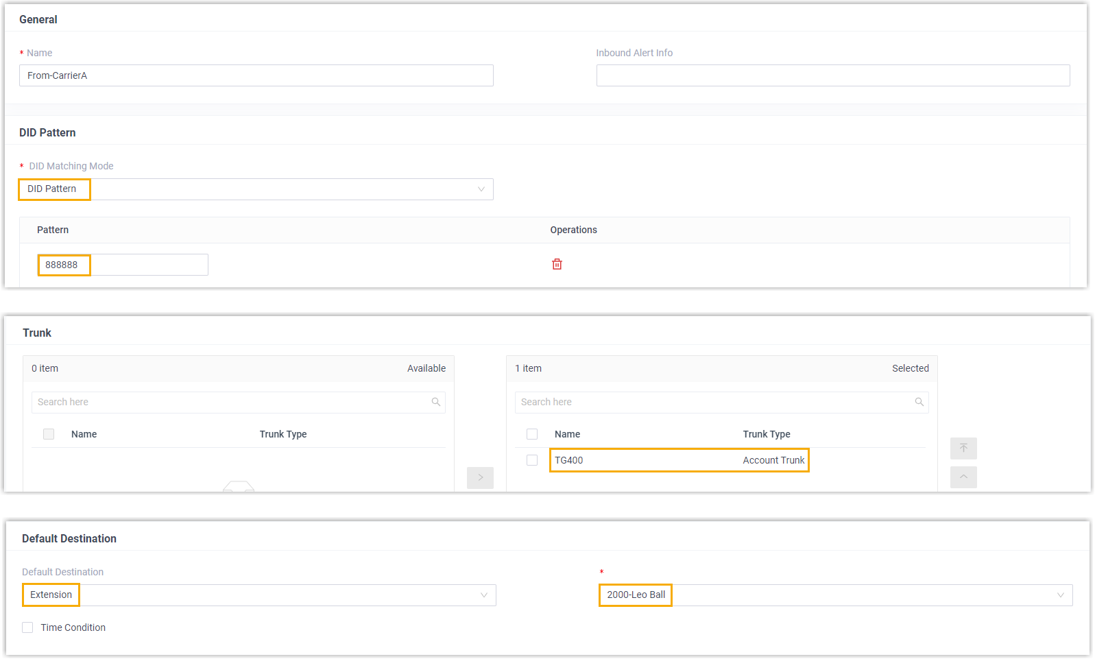 Inbound route configuration for carrier A in Cloud Voice