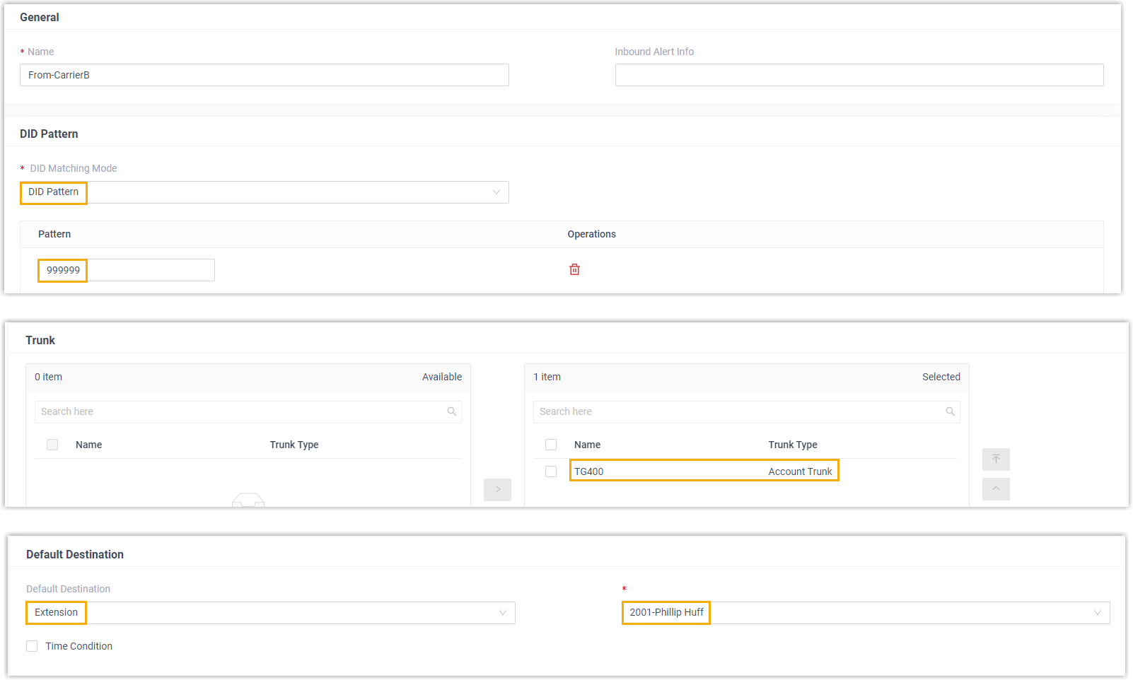 Inbound route configuration for carrier B in Cloud Voice