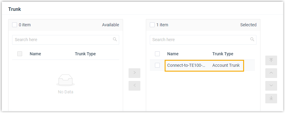 Selecting the SIP trunk connected to the TE100 gateway on the Cloud Voice inbound route