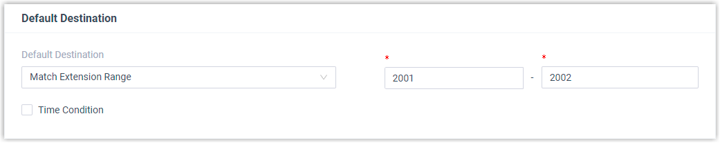 Inbound route destination set to match the extension range 2001 to 2002