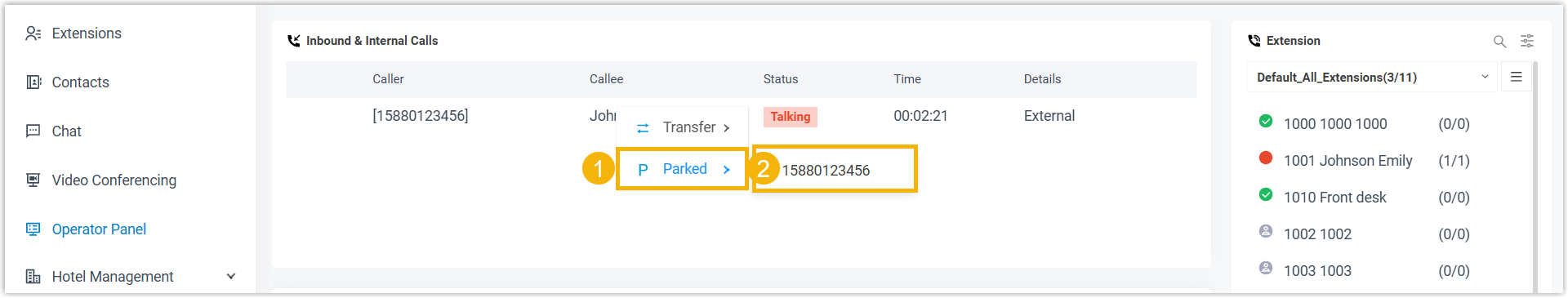 Parking an active call in a shared parking slot