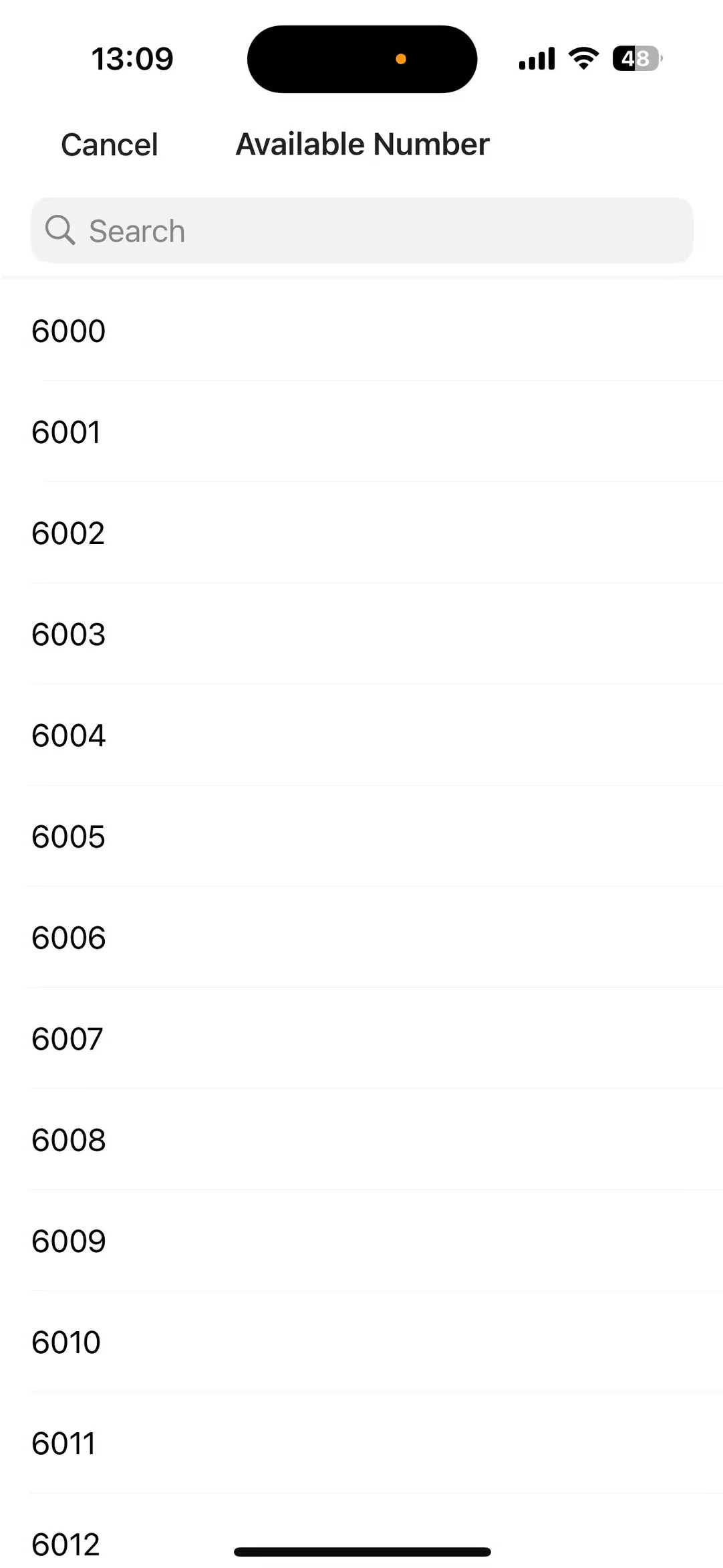 List of available parking numbers to choose from in the mobile app