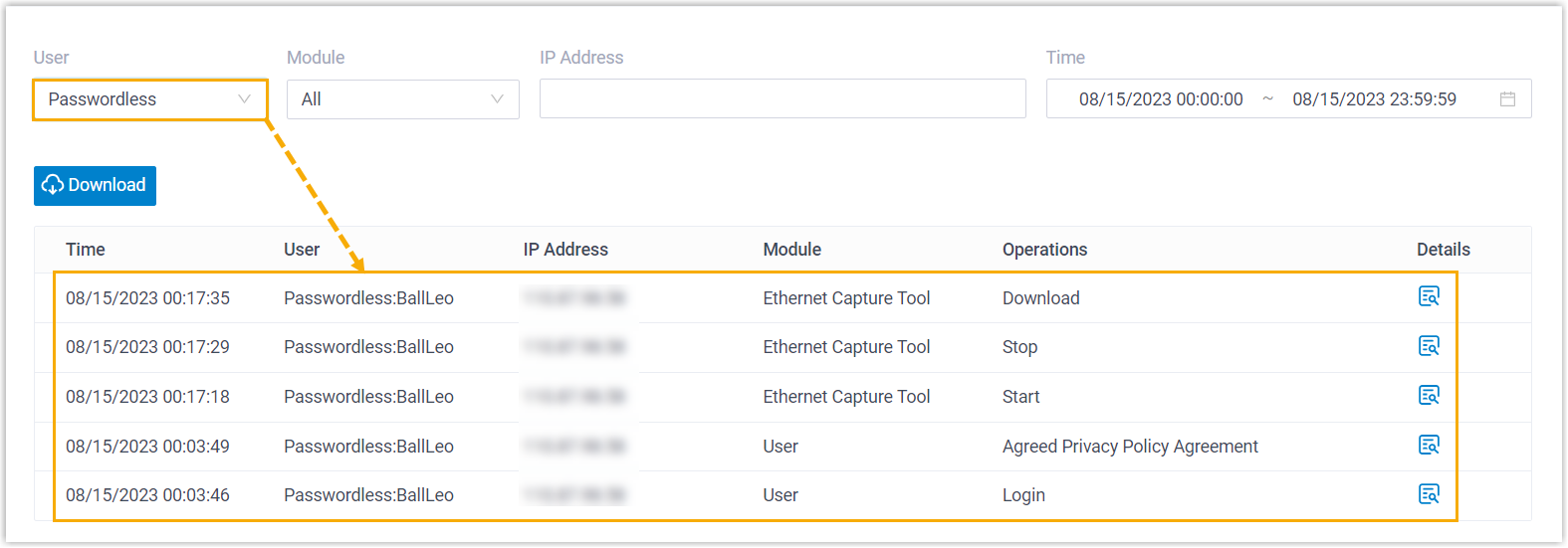 The operation log listing actions performed by the Passwordless account