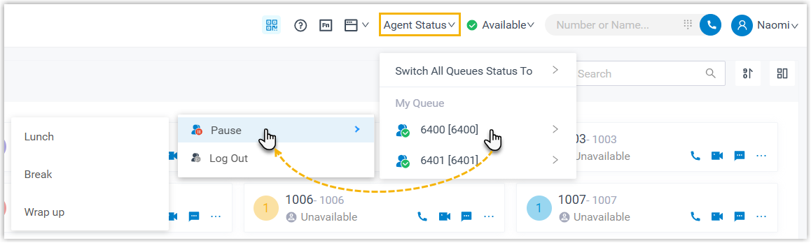 Pausing a single queue from the Agent Status menu