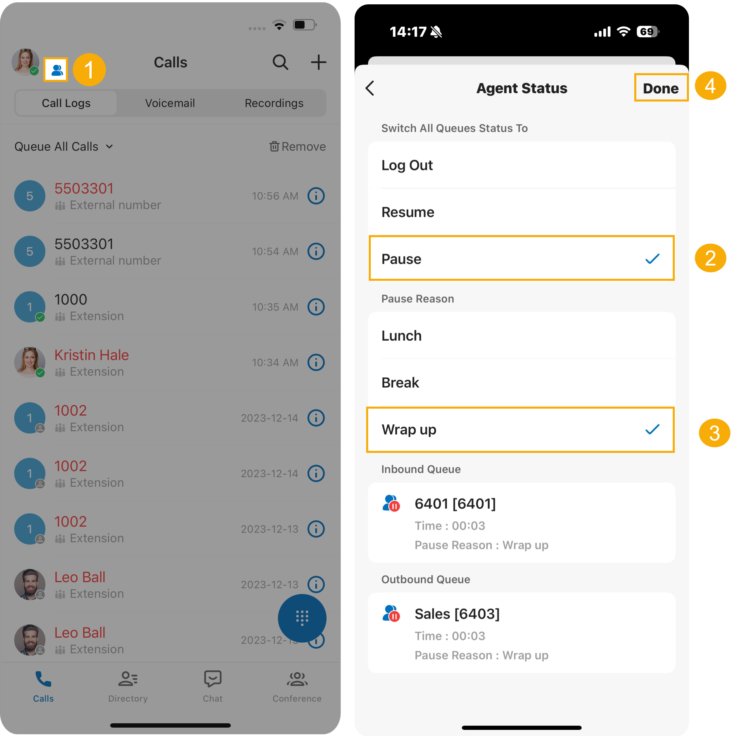Pausing calls across all queues from the Agent Status page